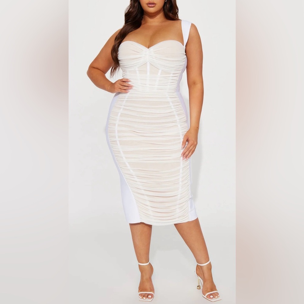 Fashion Nova Cream and White Ruched Dress